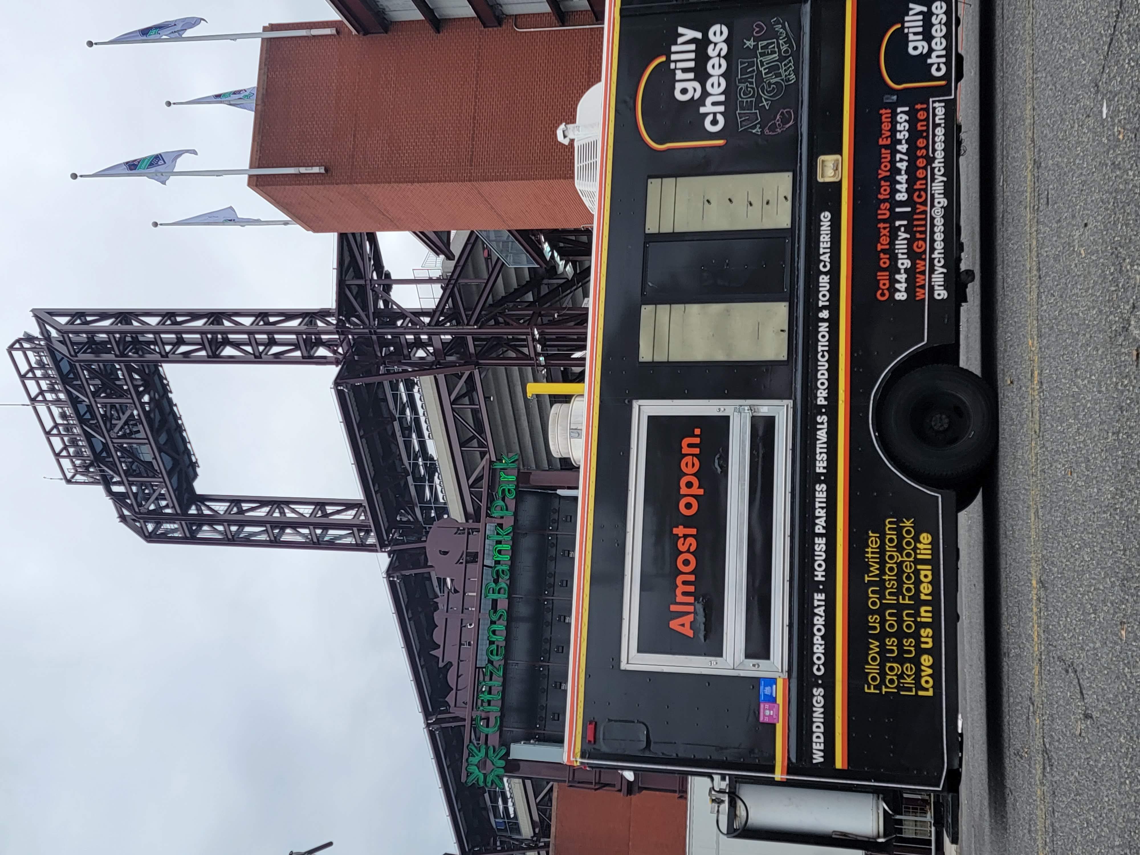Grilly Cheese food truck parked outside Citizens Bank Park during a Phillies catering event