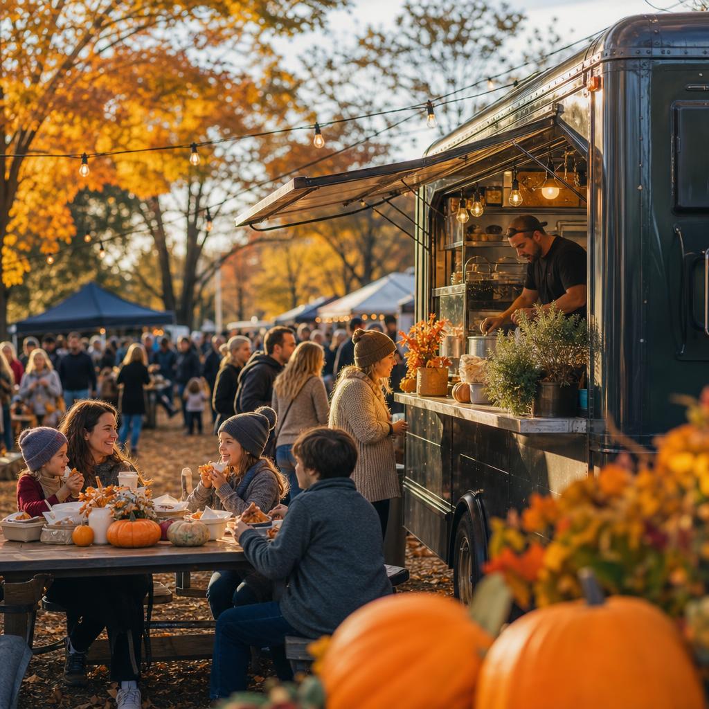 Food truck at a South Jersey fall market with pumpkins, autumn leaves, string lights, and families