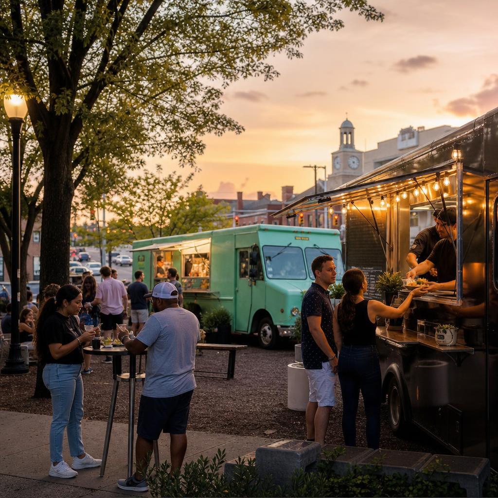 Food trucks serving an outdoor evening crowd in a Gloucester County town setting