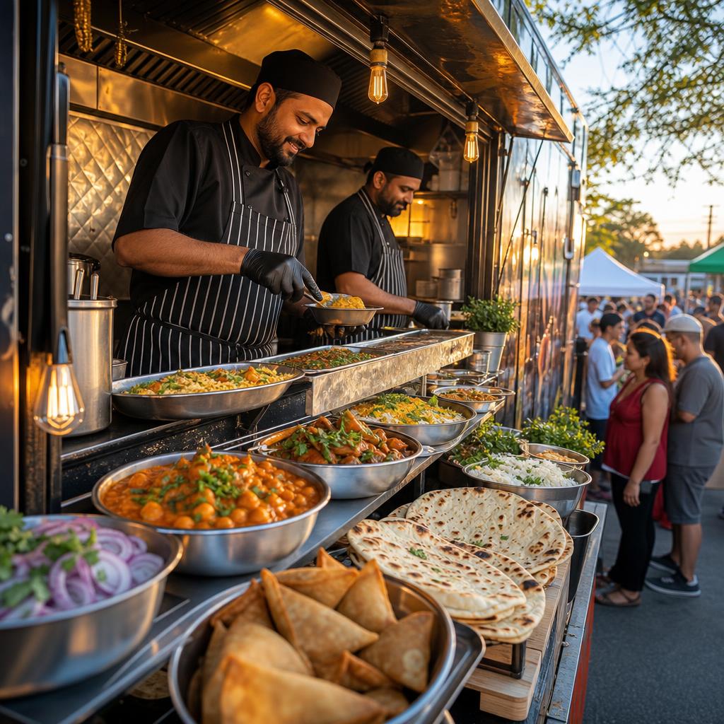 Indian food truck counter with curry bowls, naan, samosas, and colorful vegetarian dishes