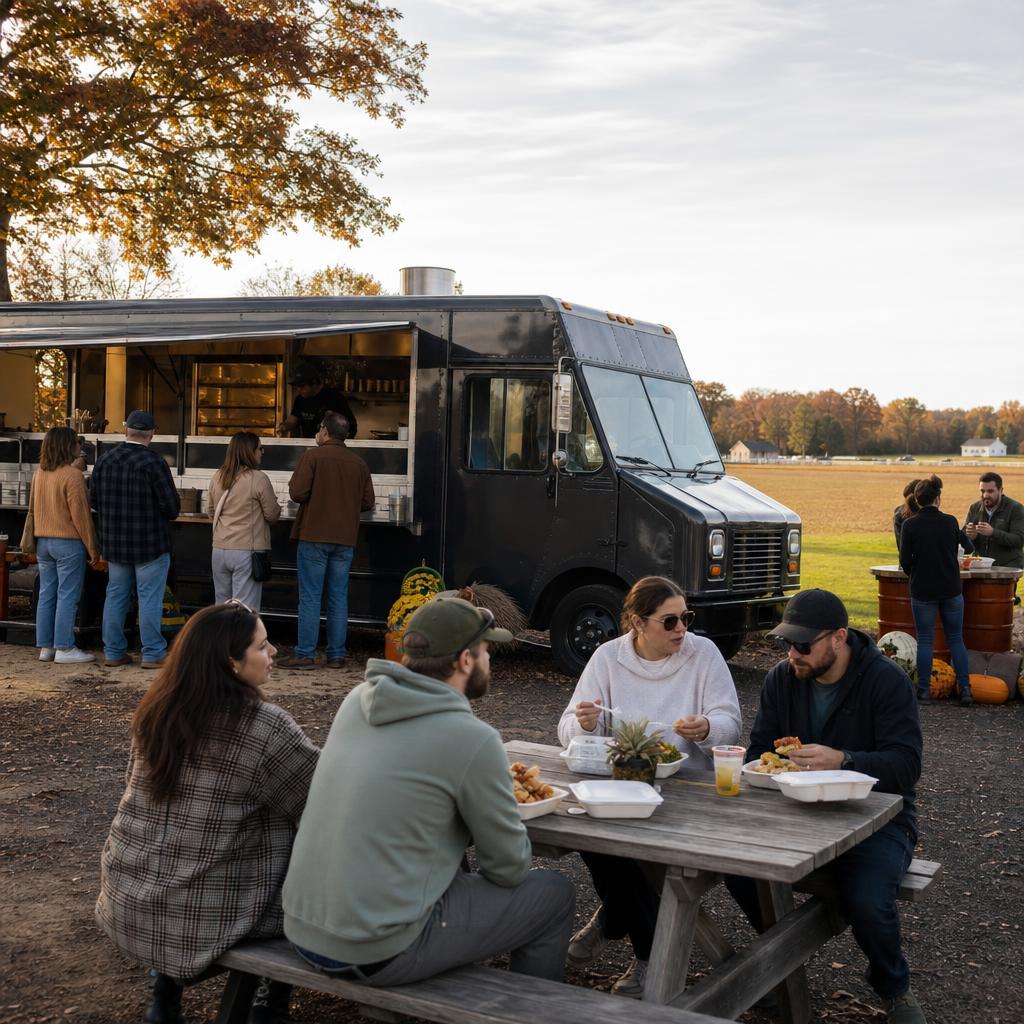 A food truck serving neighbors at a small Salem County community event beside farm fields
