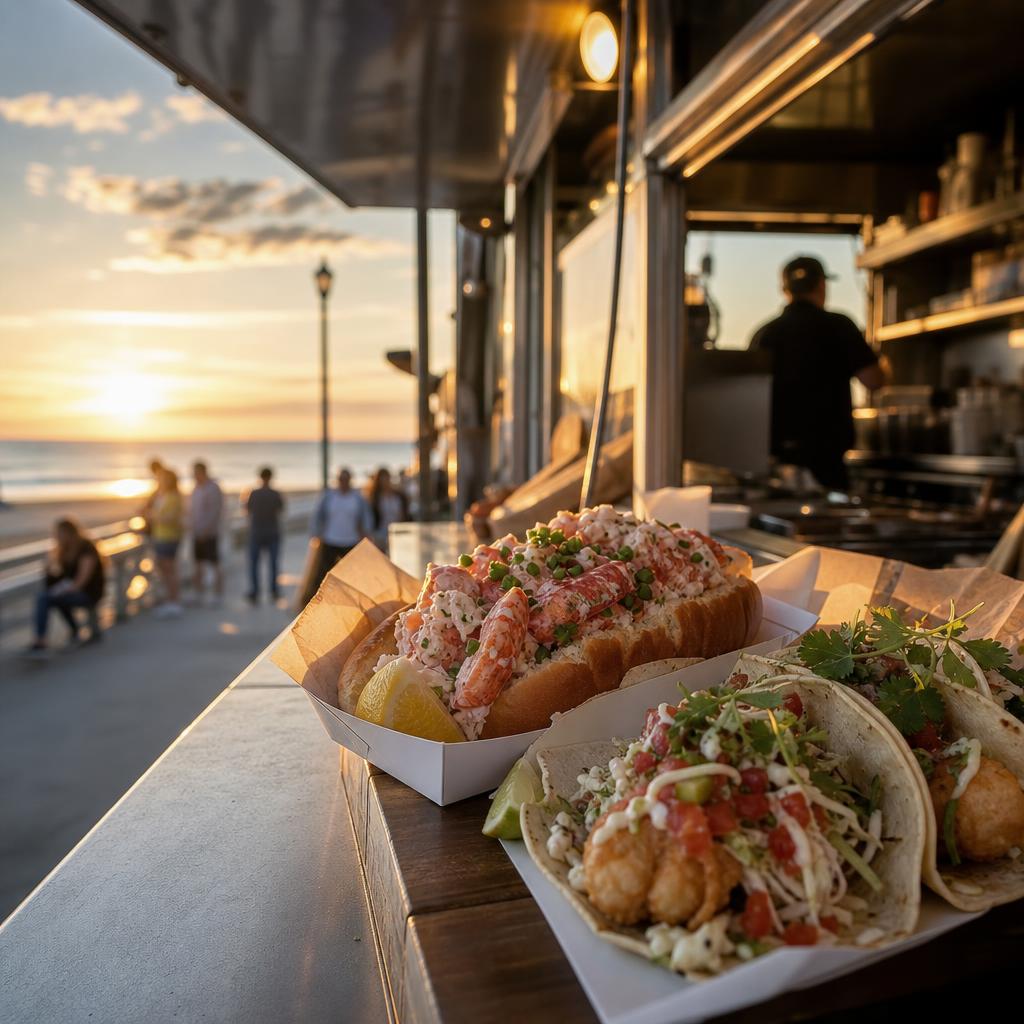 Seafood food truck near the Jersey shore with lobster rolls and fish tacos at sunset